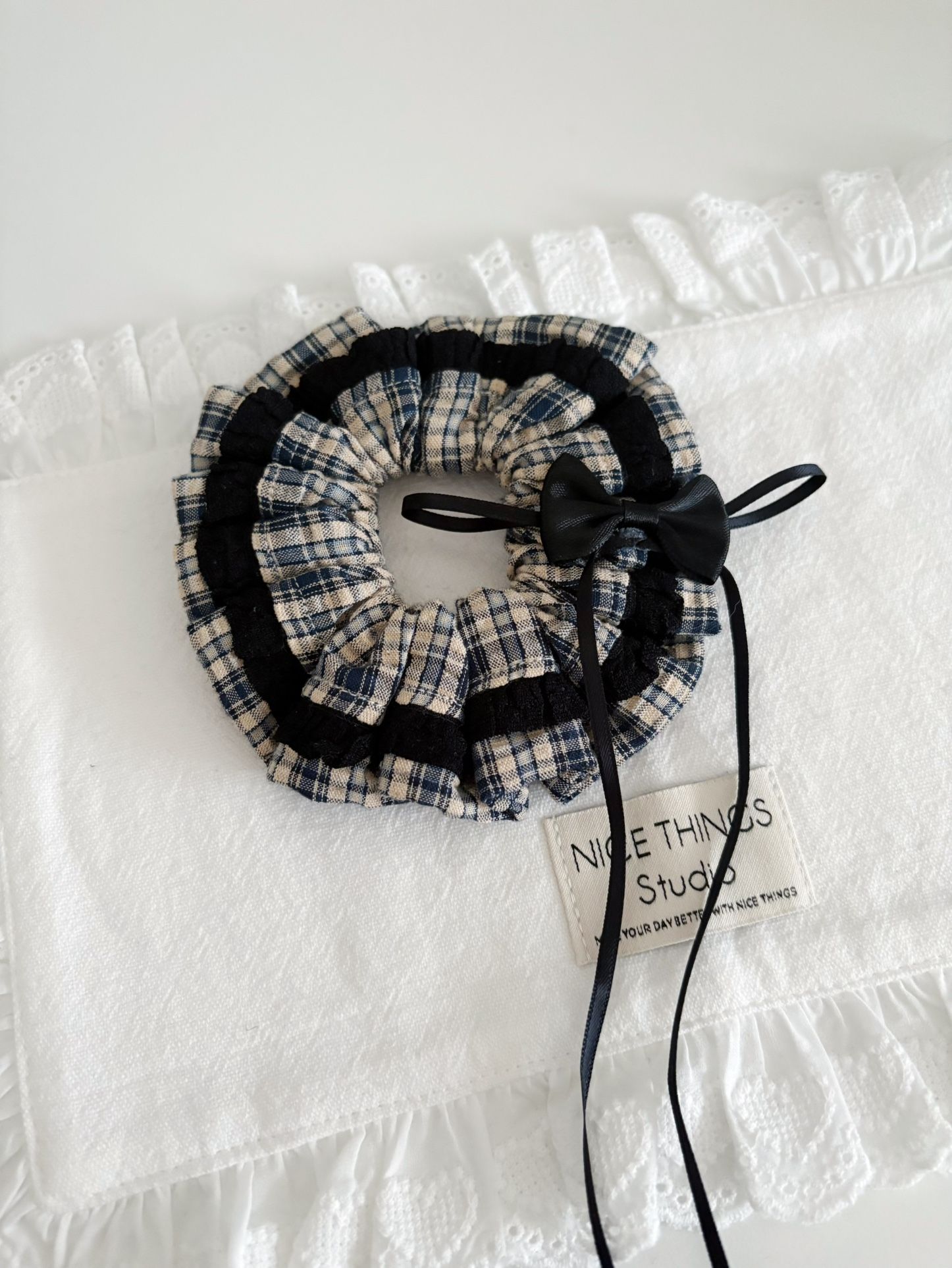 Black ribbon with white brown plaid pattern scrunchie/hair tie