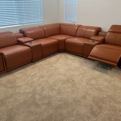 New 7 Piece 3 PWR Genuine Italian Leather Reclining Sectional.  Camel.  123” X 143”.  Free Delivery!