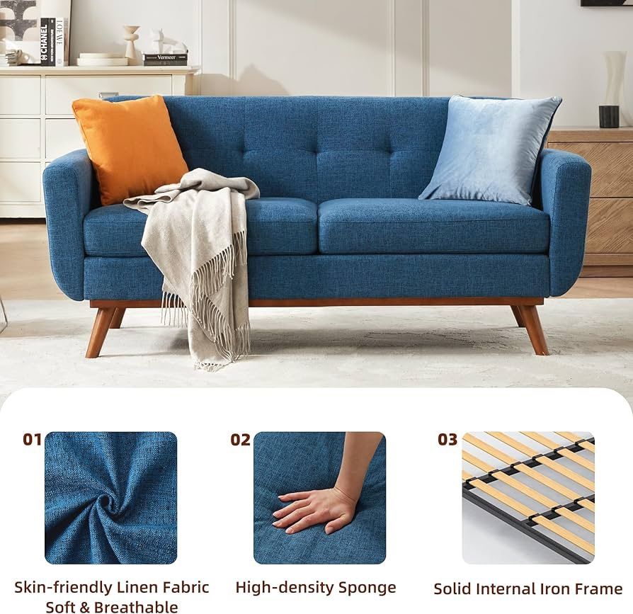 65.2" W Loveseat Sofa, Mid Century Modern Decor Love Seat Couches for Living Room, Button Tufted Upholstered Furniture, Solid & Easy to Install Small