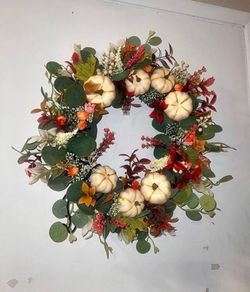 Fall Pumpkin Harvest Floral Wreath in Orange Green & White