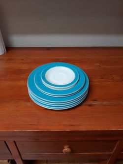 Vintage Pyrex Aqua Blue Bands Plates Dishes Fire King Jane Ray Jadeite Saucer