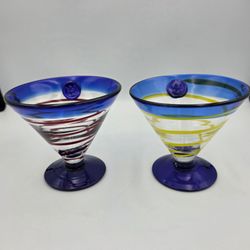 2 Kosta Boda Royal Caribbean Spiral Margarita Martini Glasses Swirl Red Yellow