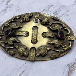 Antique  Victorian 1890s Brass Buckle Brooch With Amethyst Stones