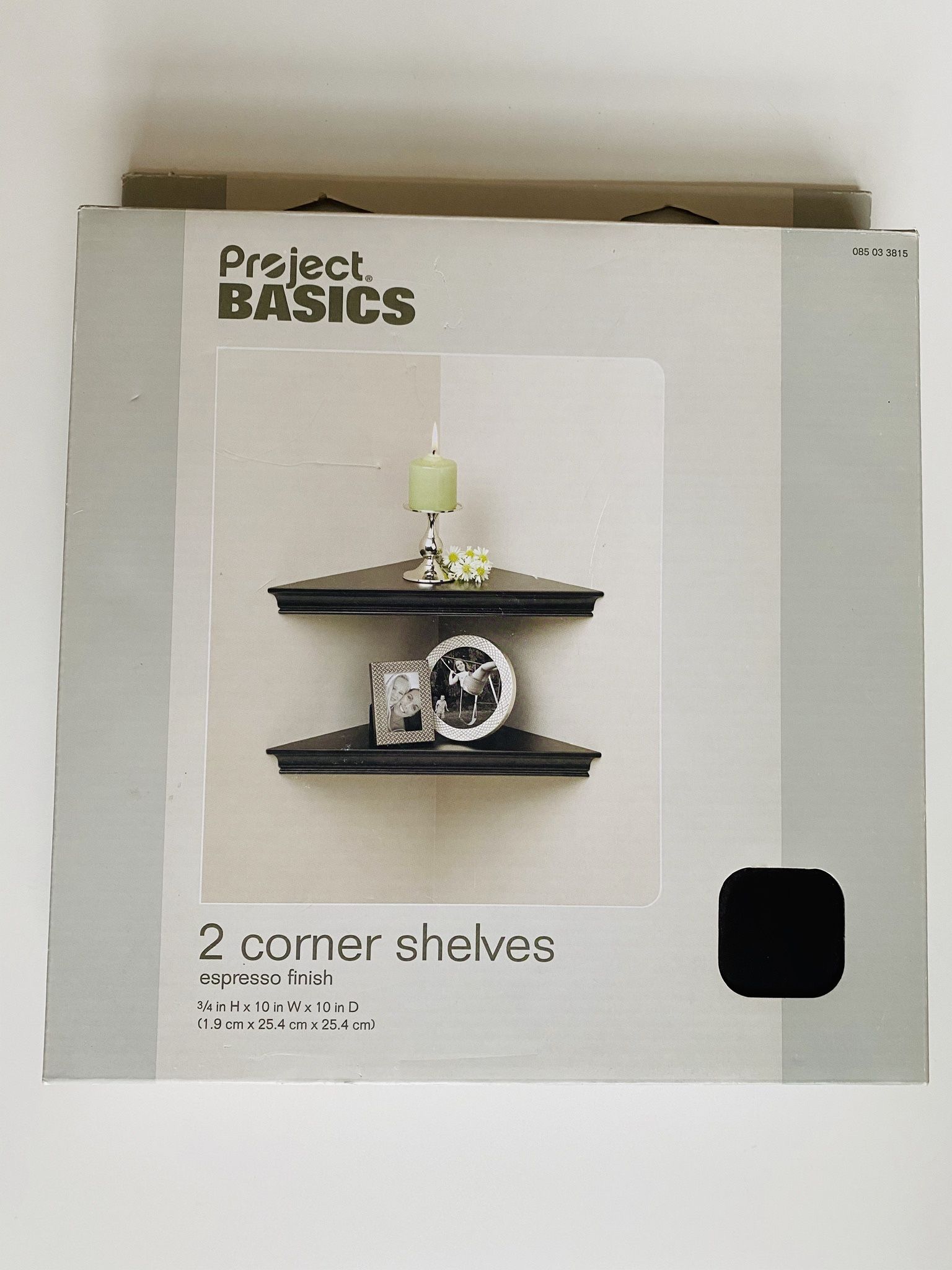 2 Antique Corner Shelves. Solid wood. Dark brown. Espresso finish. New. Still in original packaging. 10”W x 10”D x 0.75H (25.4 cm x 25.4 cm x 1.9 cm).