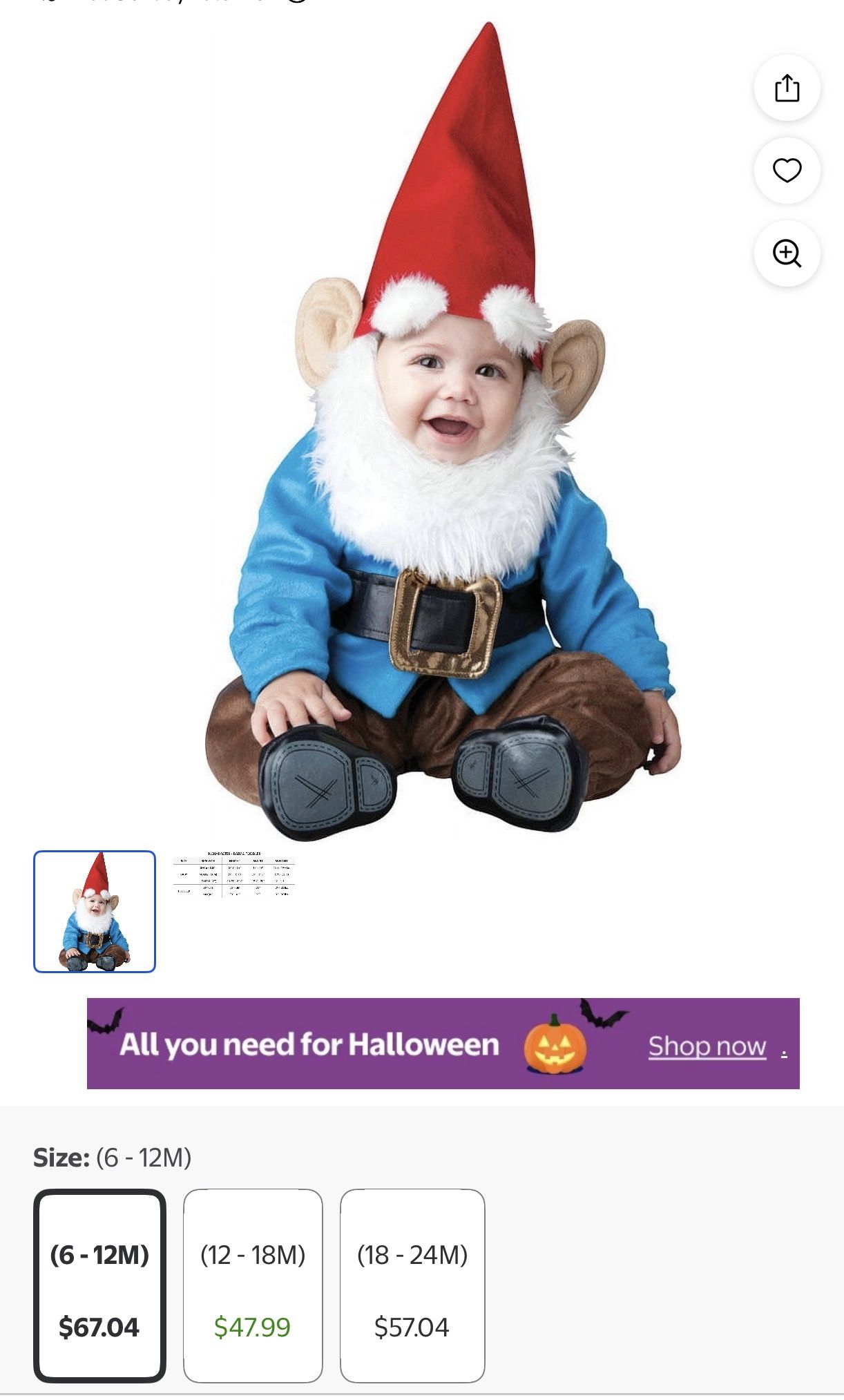 Infant Costume 6-12 Months Garden Gnome