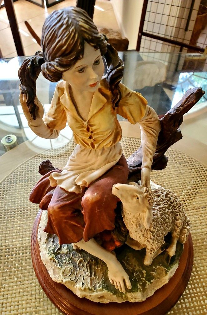 Vintage Resin Hand Painted Status. Girl With Sheep