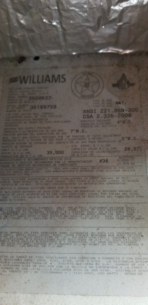 Williams gas Furnace 35kbtu 