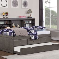 TWIN BED FRAME WITH TRUNDLE AND DRAWERS. NO MATTRESSES