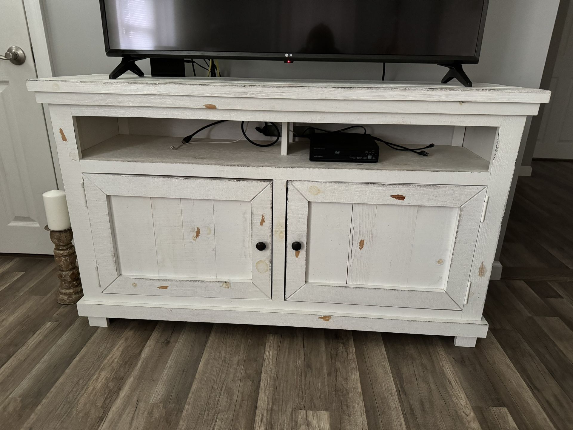 3 Piece Farmhouse White Distressed End Table, Coffee Table And TV Console 