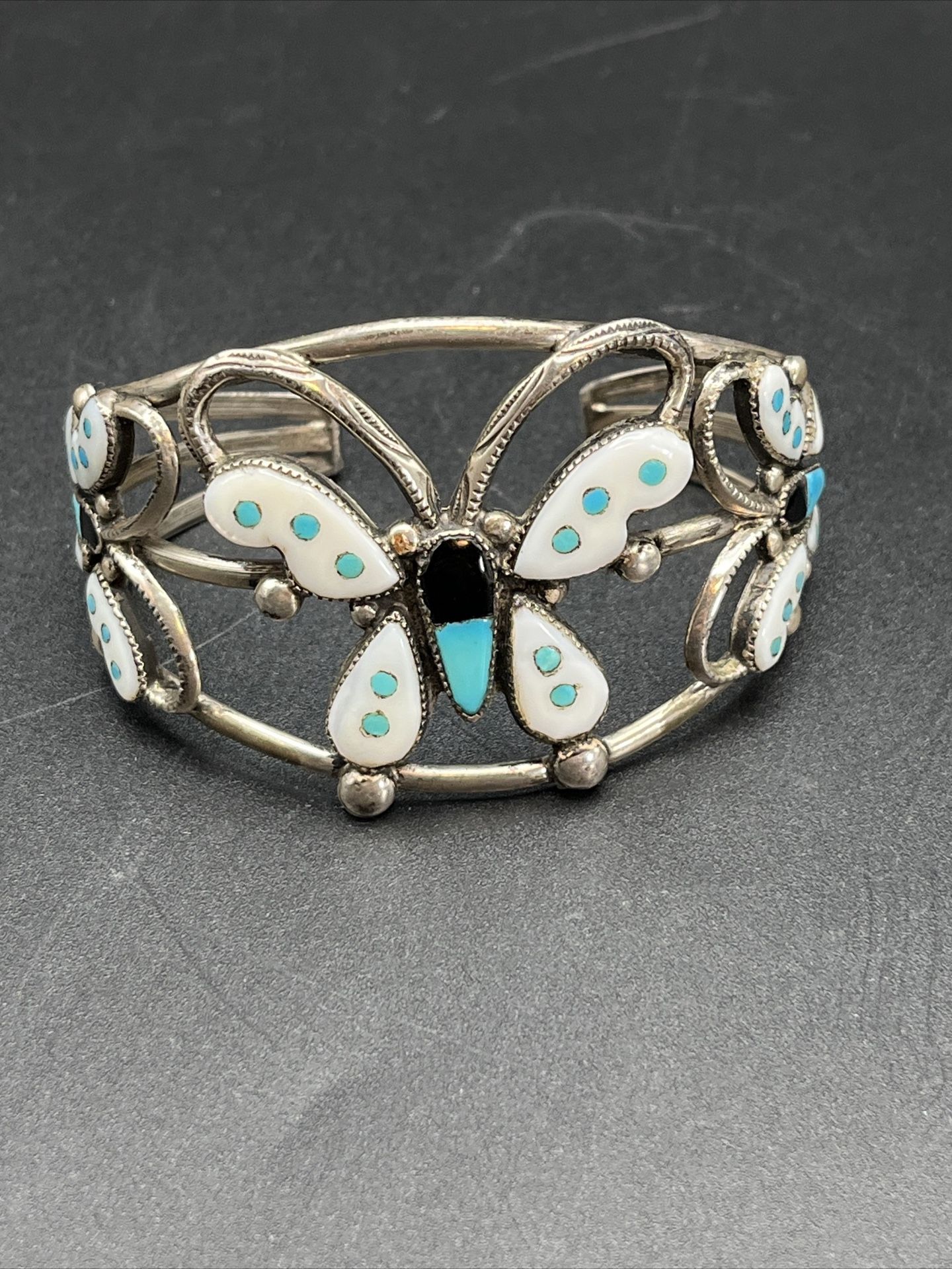 Vintage ZUNI Sterling Silver Triple Butterfly Multi-stone Inlay Cuff Bracelet
