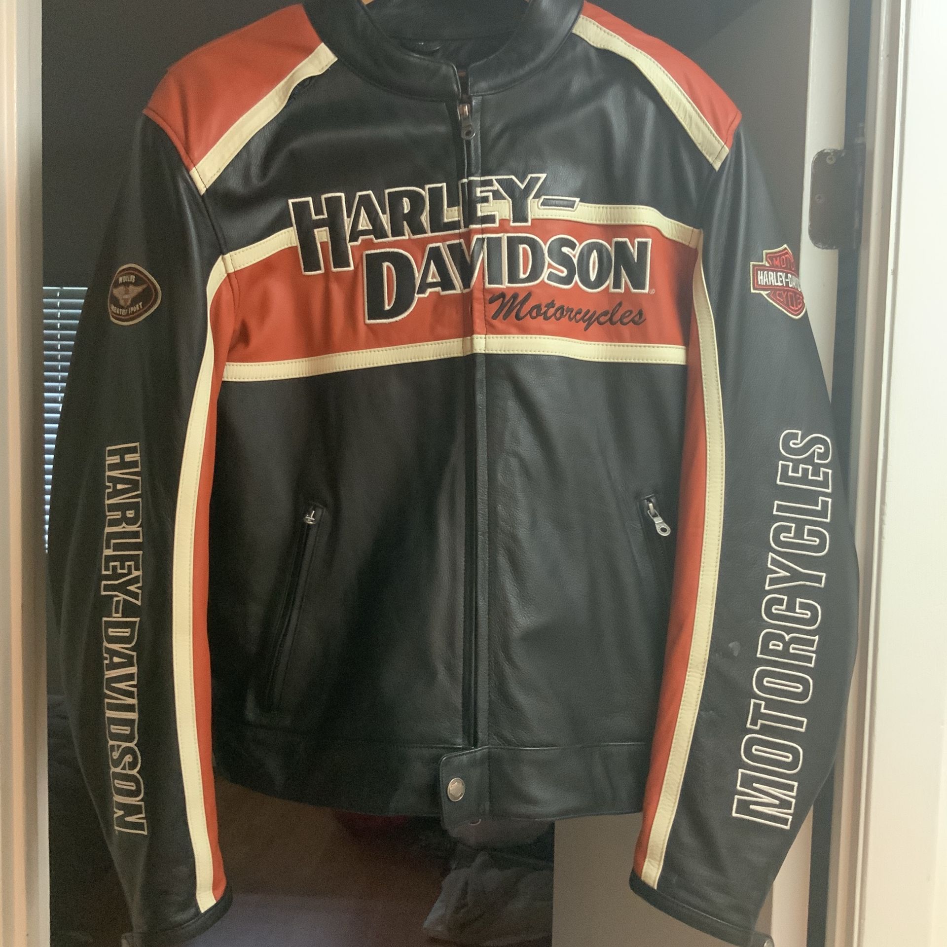 Men’s Harley Davidson Classic Black & Orange Motorcycle Leather Jacket XL