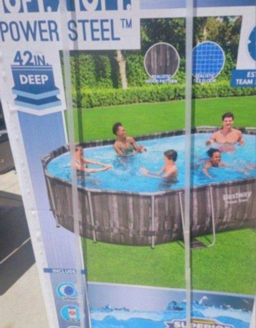 Brand New 16x42 Power Steel Swimming Pool. Includes Filter Pump Cover Chemconnect Dispenser And Ladder.