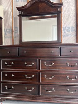 Dark Cherry Wood Dresser with Mirror