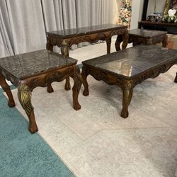 Marble Top Coffee Table & End Tables – Carved Wood Base – Traditional Living Room Table Set