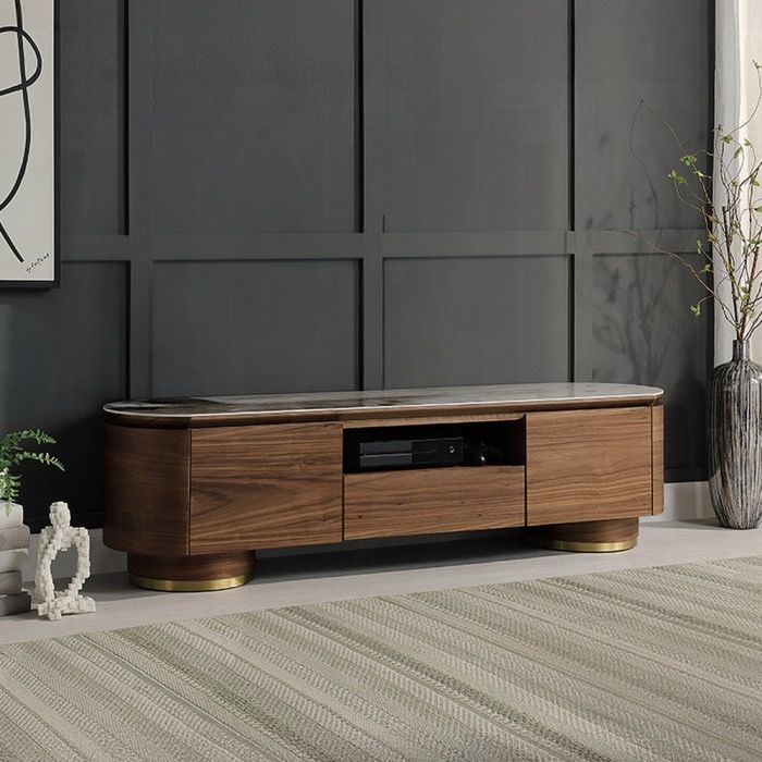 RETRO MODERN TV MEDIA STAND CABINET CERAMIC TOP WALNUT FINISH