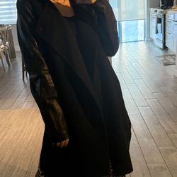 Vince Midi Coat Wool & Black Leather Sleeves Jacket S