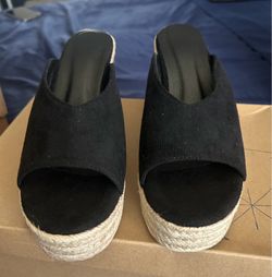 New Sz 7 Black Espadrille Platform Wedge Mules