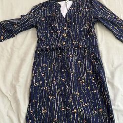 Unique Navy Long-Sleeve Dress – Artistic Pattern – Size S