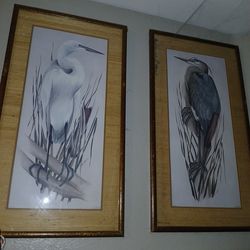 Pair of Large Framed Blue Heron LaMay signed