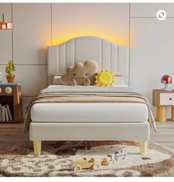 Pinmoco Twin Upholstered Bed Frame with Arc Headboard, Beige