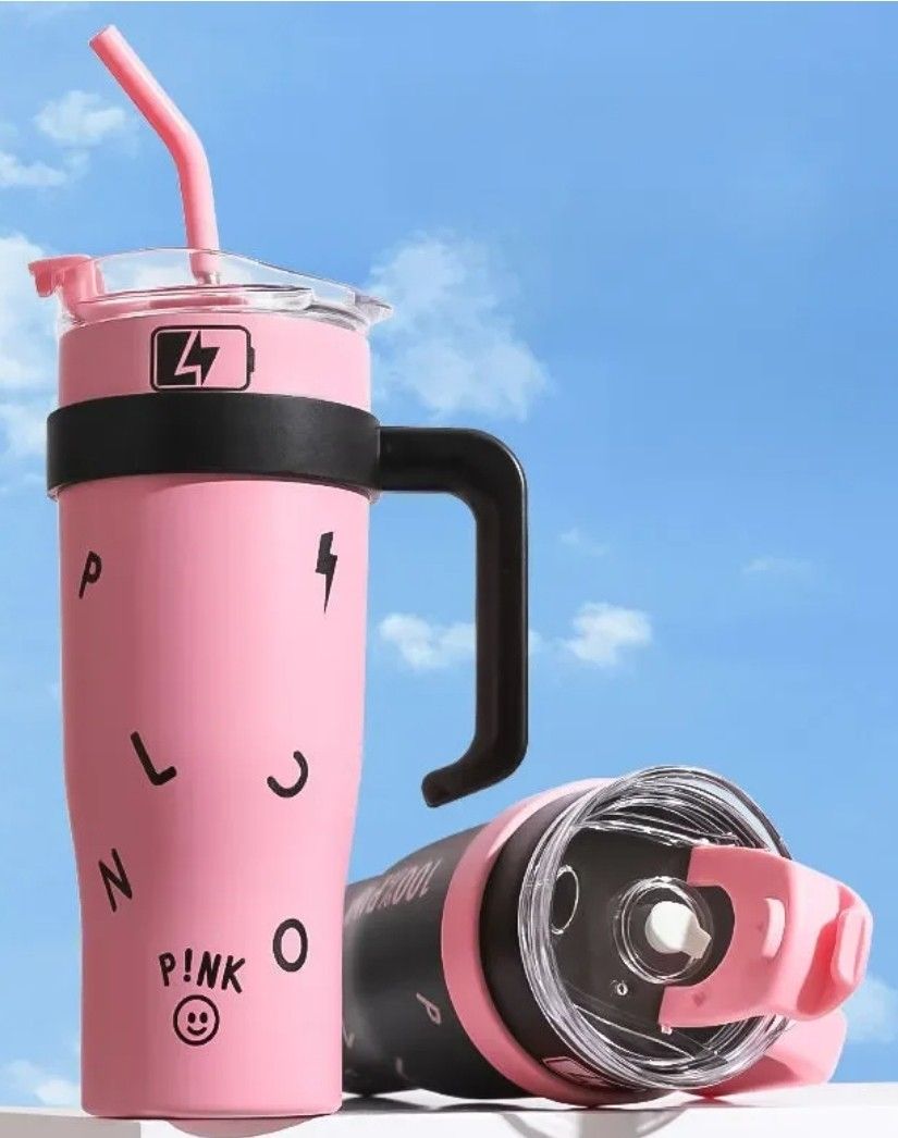 Pink and black thermal water bottle & Accessories.