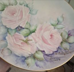 Rare Vintage Hand Painted Porcelain Plate Signed Holiday China Germany Pink Roses Cabinet Plate 1961