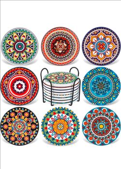 Coasters for Drinks,AODINI Set of 8 Absorbent Stone Coasters for Wooden Table, Mandala Ceramic with Cork Base, Gift for Housewarming Birthday and Fami