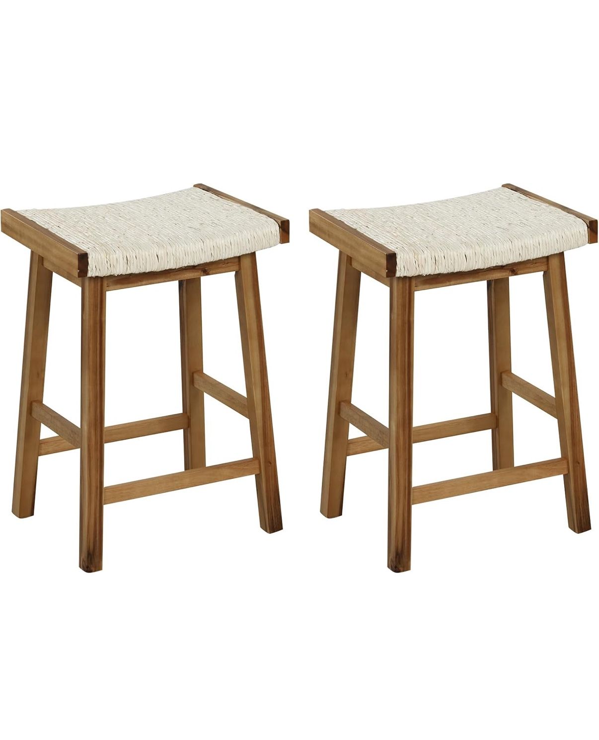 COSTWAY Dining Saddle Stools Set of 2, 25.5-inch Counter Height Chairs with Seaweed Woven Seat, Rubber Wood, Acacia Wood Frame, Footrests, Backless Ba