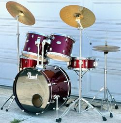 Pearl Red Drum Set With Cymbals and Hardware