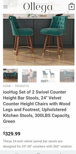 Set of 2 Swivel Counter Height Bar Stools, 24" Velvet Counter Height Chairs with Wood Legs and Footrest, Upholstered Kitchen Stools, 300LBS Capacity,
