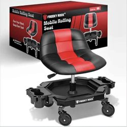 Rolling Stool with Wheels, Adjustable Height Pneumatic Garage Work Mechanic Stool Seat with Backrest, 400 LBS Capacity 360° Swivel Mechanic Crepper Ch