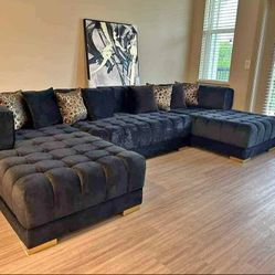 Lipa Black Velvet Double Chaise "U" Shape Sectional Sofa