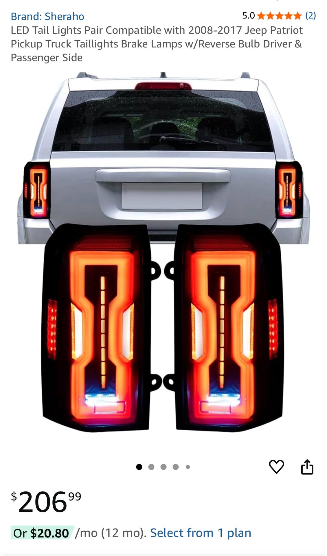  LED Tail Lights Pair Compatible with 2008-2017 Jeep Patriot Pickup Truck Taillights Brake Lamps w/Reverse Bulb Driver & Passenger Side