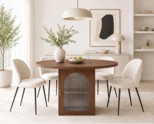 New Modern 47.2 Inch Round Dining Table with Storage, Walnut Pedestal Round Kitchen and Dining Room Table for 4–6, Ribbed Glass Doors, Space-Saving Ci