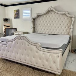 King Size Bed - Glamorous Beige Velvet Tufted Bed With Crystal Like Gems