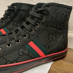 Gucci Tennis 1977 Monogram Canvas High Top Sneaker Black Shoes US10 + FREE Socks