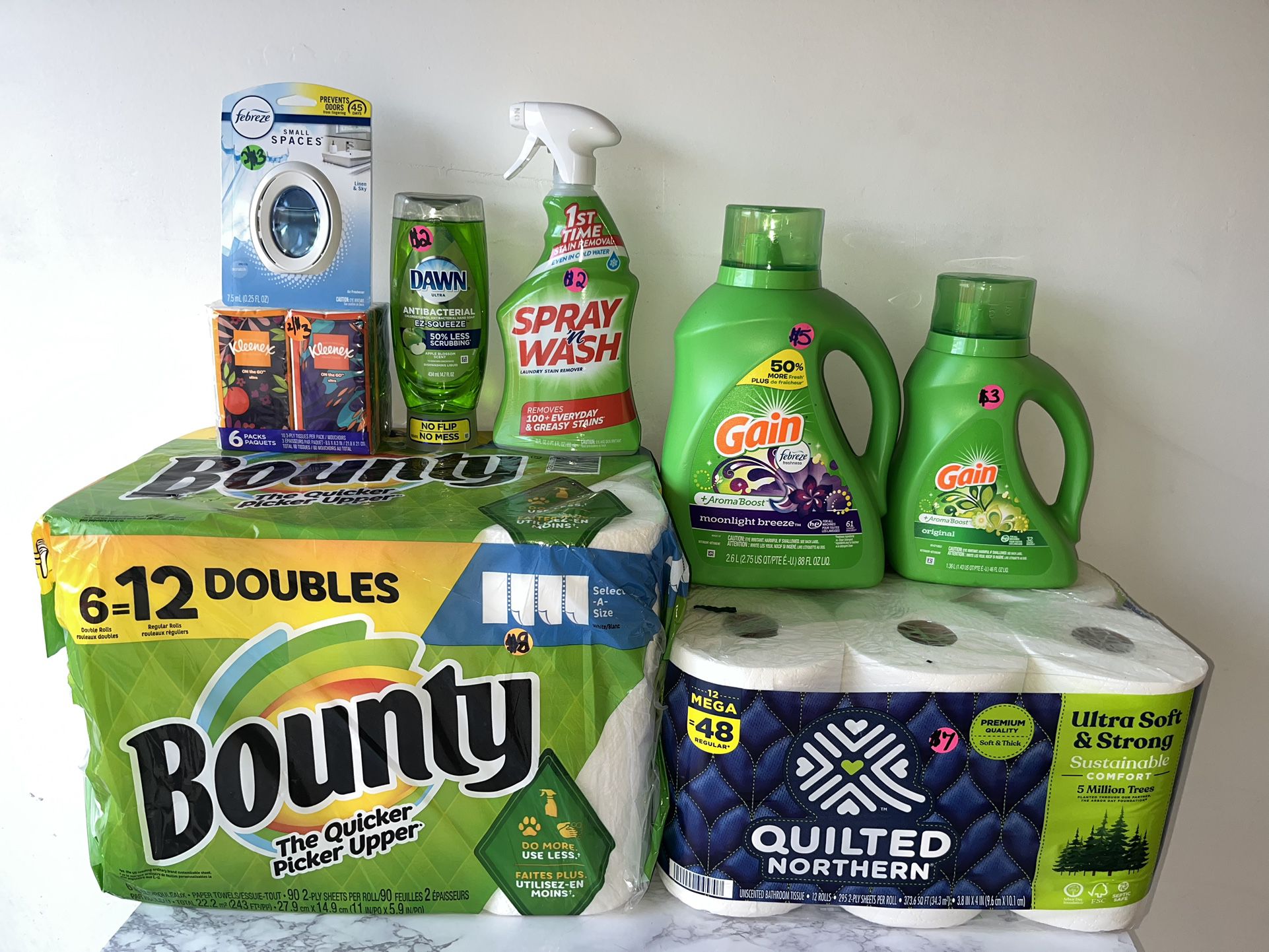 Household Bundle ~~ Bounty Paper Towel, Quilted, Gain Detergent, Dawn  Dish soap 
