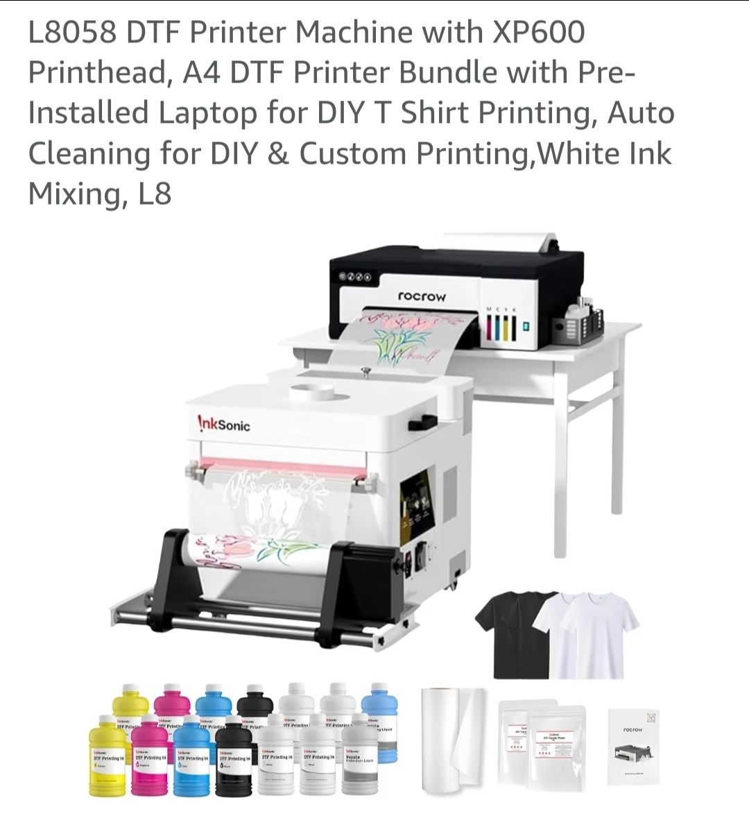 New roCROW A4 L8058 DTF printer, InkSonic Powder Shaker & Dryer.