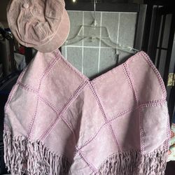 Pink Suede Fringe Shawl  and Hat  From Wilson’s Leather