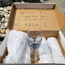  Blue Moon 16 Oz Pilsner Fluted Etched Beer Glass Set of 6