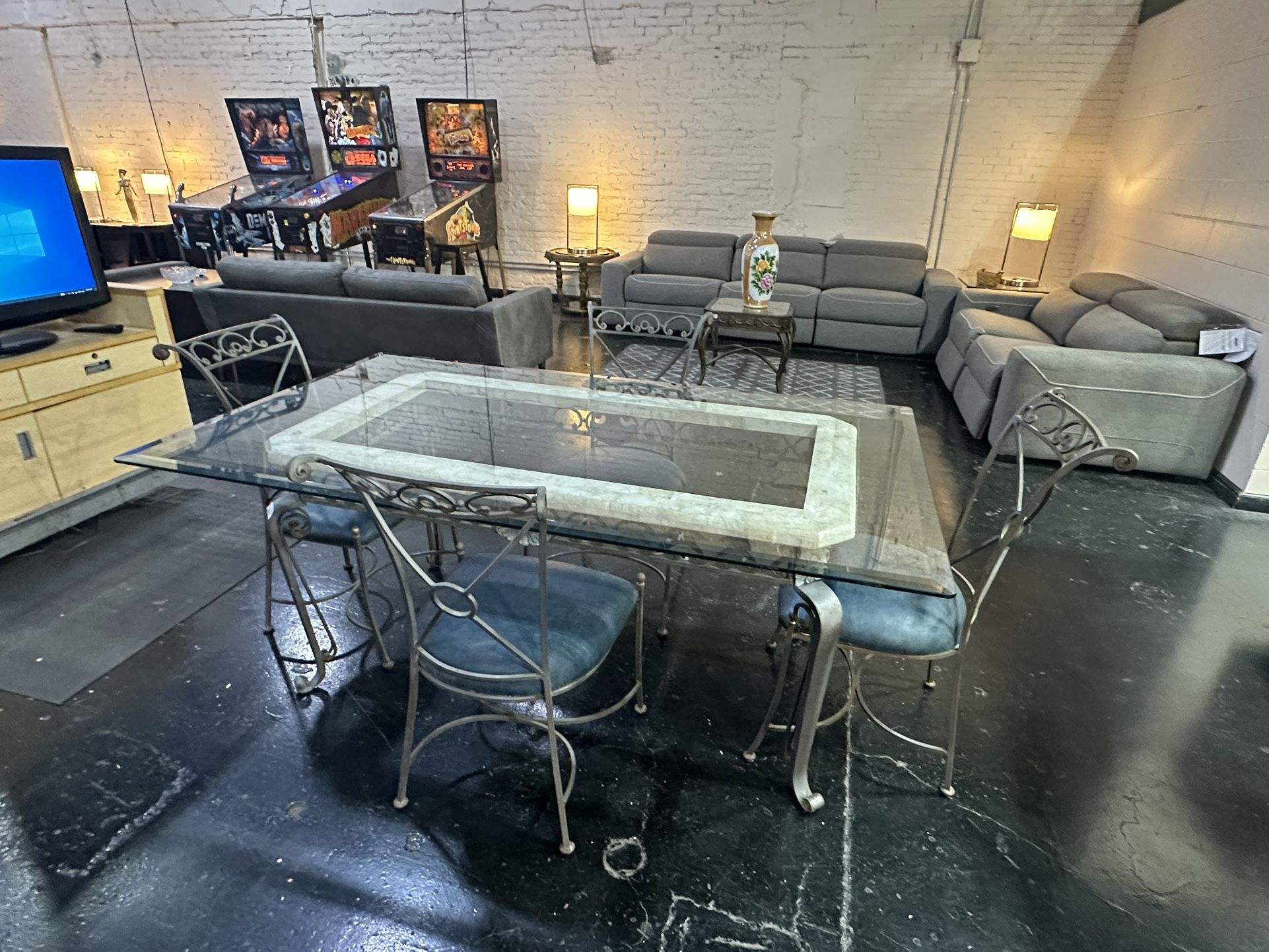 Glass Top Dining Table With Iron Base And 4 Chairs