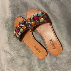 Schutz Jeweled Flat Sandals Size 5 made In brazil