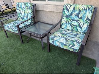 Patio,Outdoor furniture,2 chairs,cushions and coffee table.