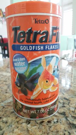TetraFin Balanced Diet Goldfish Flake Food.