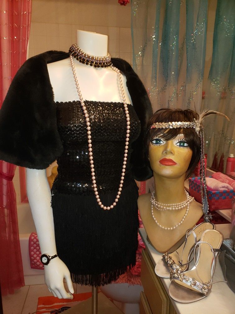 Flapper 1920's 3 PieceCostume Hairband, Fringe Skirt & Seaquin Tube Top