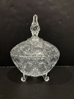 VTG Cut Glass Button/Diamond/Star Footed Candy/Nut Bowl w/Finial Lid “As Is”