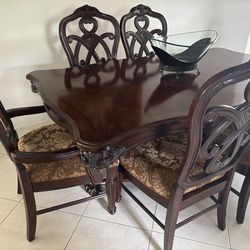 Antique Rectangular Wooden Dining Set with Six Upholstered Chairs