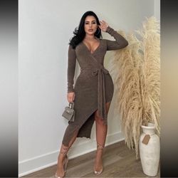 Magnolia Women Long Sleeve Collar Stretch Midi Dress Side Slit Brown Size Large