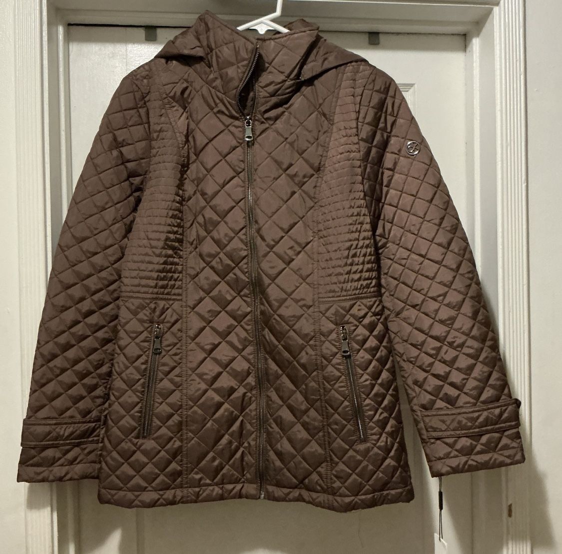 New With Tags!!! Calvin Klein Quilted Jacket With Hood Brown Color Size Women Medium