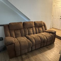 Brown Suede Couch With Two Recliner Seats